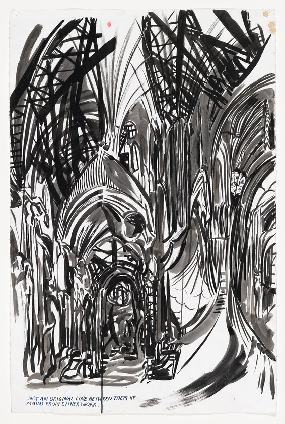 Ink drawing of a cathedral interior with tall vaulted arches and clustered columns.