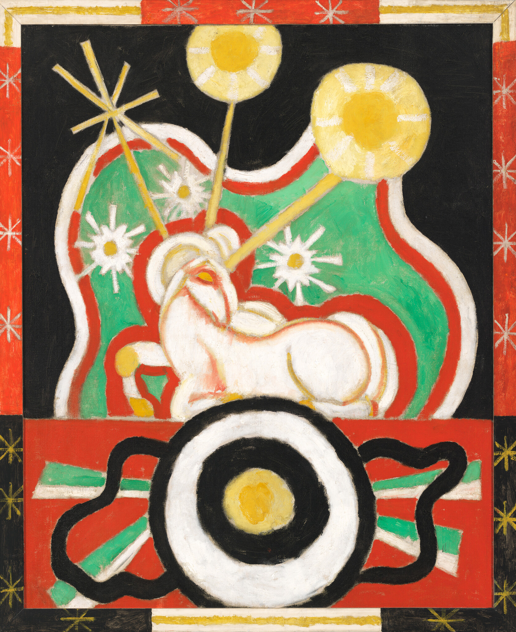 A stylized white ram reclining amid colorful starburst shapes and bold circular patterns.