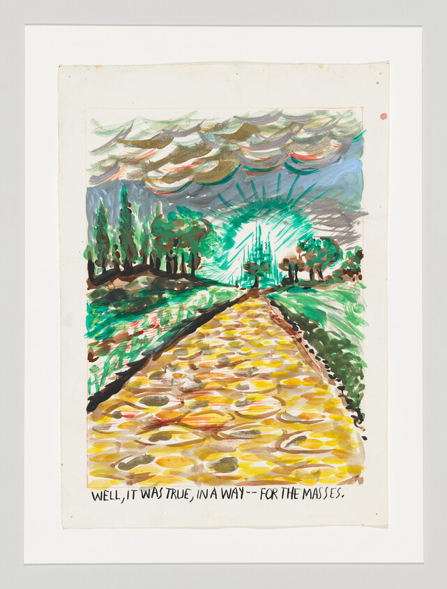 A bright yellow path leads through trees toward a glowing green city with caption below.