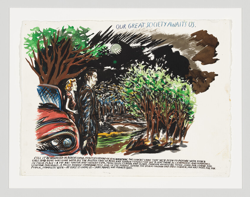 A couple beside a car looks toward a moonlit tree path with the words 'our great society awaits us'.