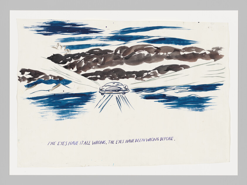 A car drives toward the viewer between dark hills with headlights beaming and text about eyes below.