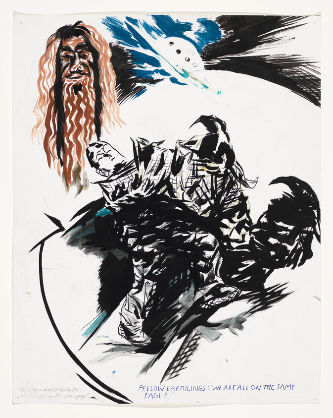 A tangled group of figures lies beneath a floating long-haired head with the caption questioning unity.