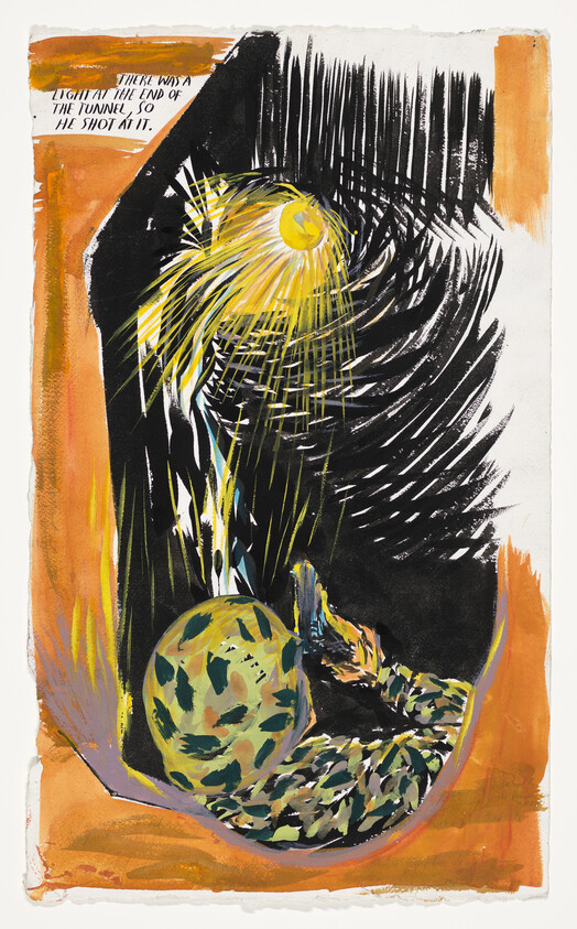 A dark figure fires toward a bright light at the end of a tunnel.