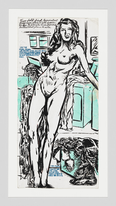 Nude woman standing and leaning against furniture in a sketchy black-and-teal illustrated interior.