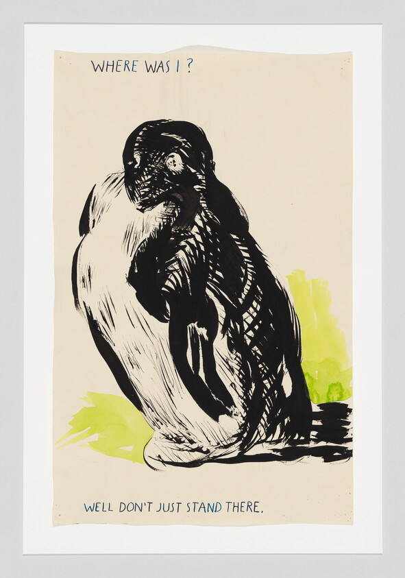 A large black ink figure hunched forward with the words "Well don't just stand there" beneath it.