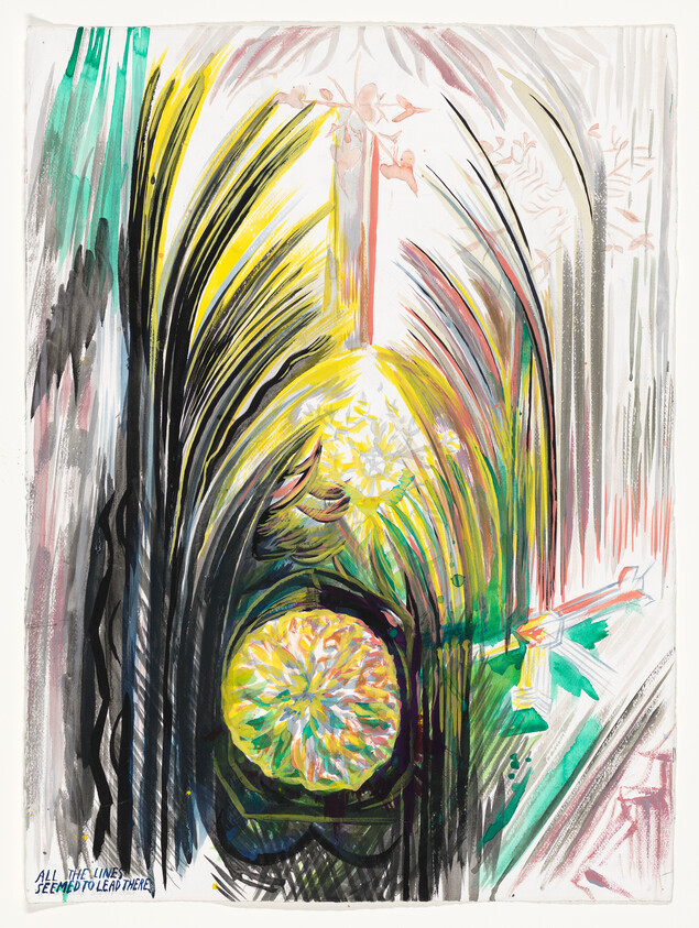 Bright circular flowers glow at the center of sweeping colorful leaf-like brushstrokes forming a tunnel.