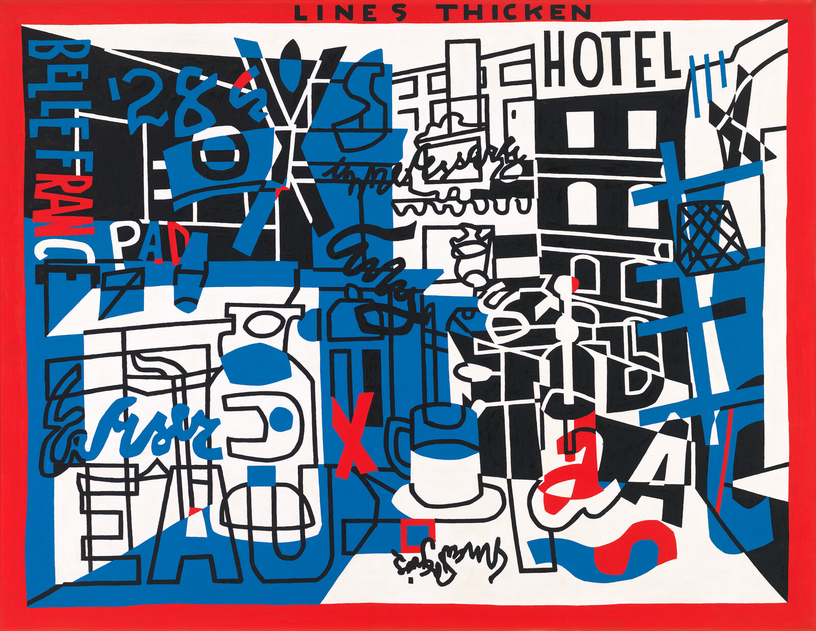 Busy graphic collage of hotel and café signage with bold red, blue, and black shapes.