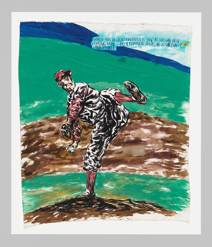 A baseball pitcher in vintage uniform follows through on a high leg kick while pitching.