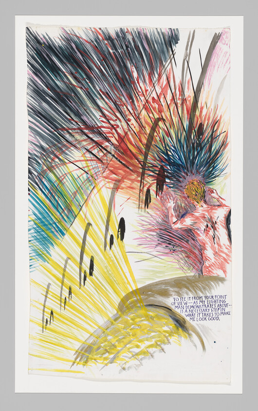 A person shields their face while colorful streaks and explosive brushstrokes radiate across the page.