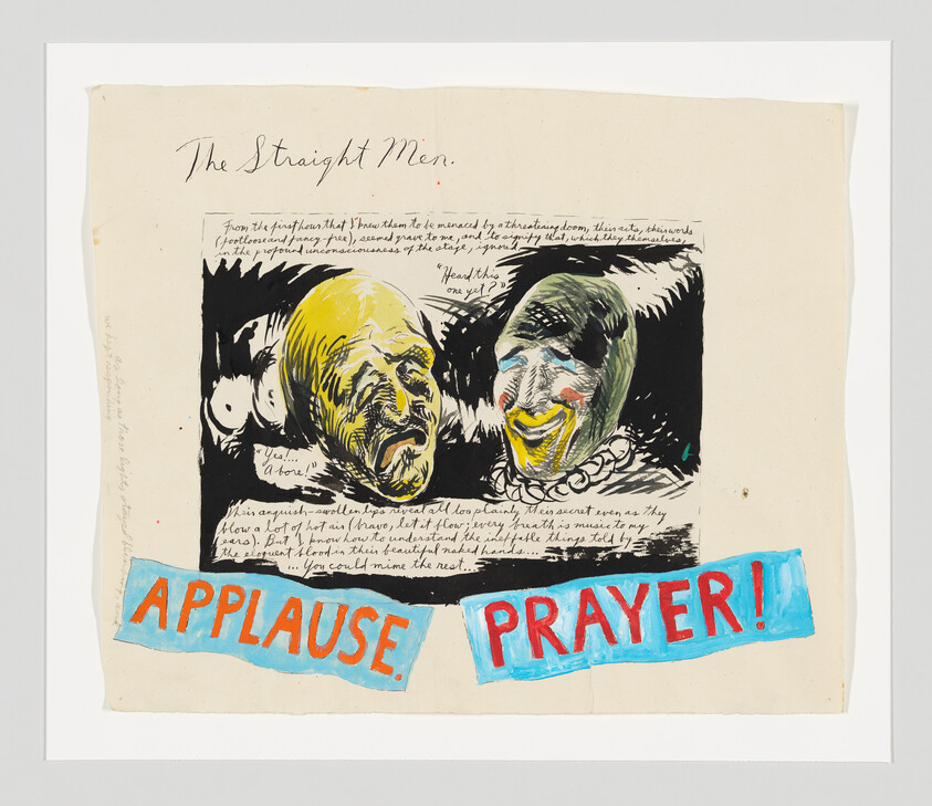 Two eerie masked faces stare from a sketch with bold blue banners reading "APPLAUSE. PRAYER!".