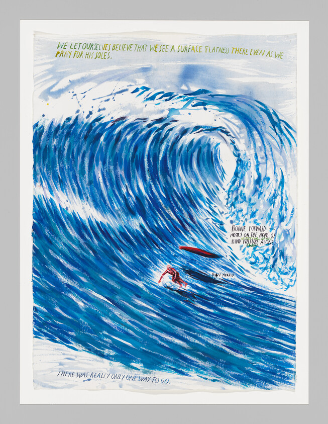 A surfer falls from a red board into a huge curling blue wave.