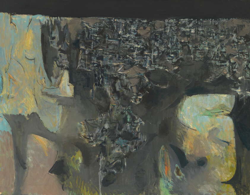 Abstract painting with heavy dark brushwork and textured gray cluster between pale teal and yellow shapes.