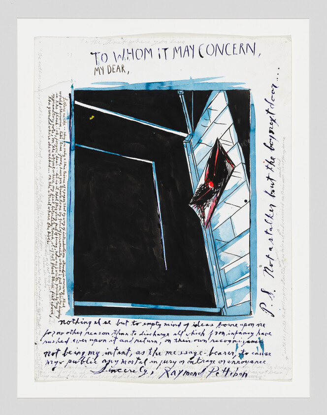 Abstract dark drawing with red-eyed shape beside a handwritten note reading "To whom it may concern."