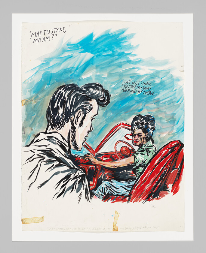 Man leans toward a woman confidently driving a red convertible under a blue sky.