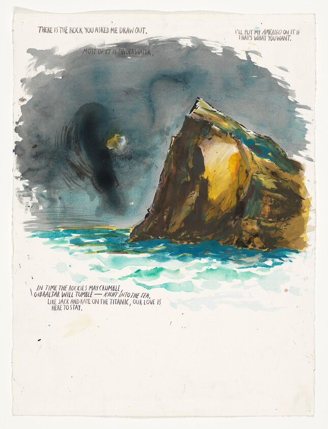 A large rocky sea stack rises from choppy turquoise water with handwritten text above and below.