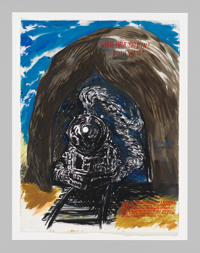 A dark steam locomotive emerges from a cave-like tunnel with red text reading "Where have you been? Both ways?".