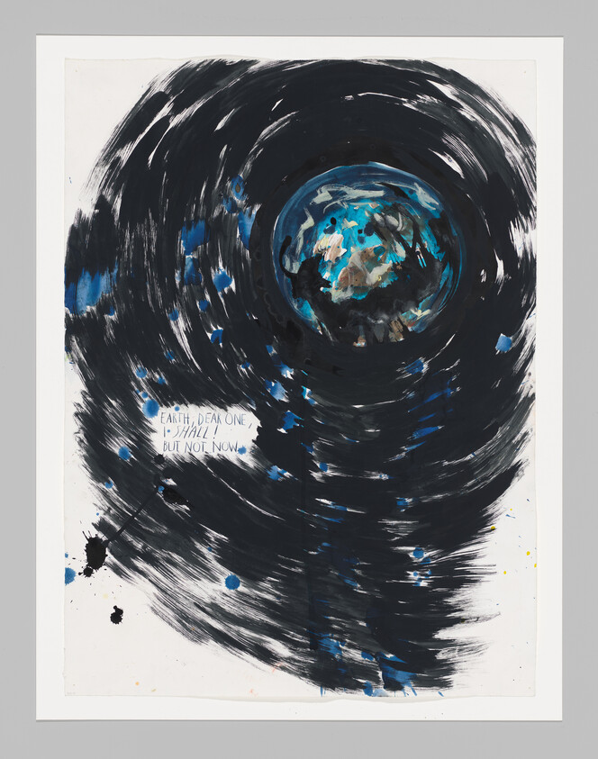 A swirling black and blue vortex surrounds a painted Earth with small handwritten text nearby.