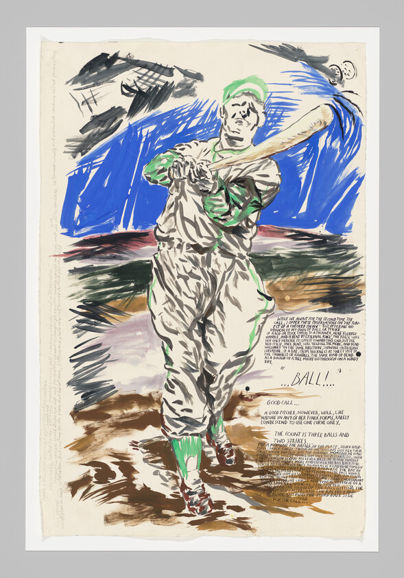 A baseball batter swings a bat in a loose painted style with the word "BALL!!" nearby.