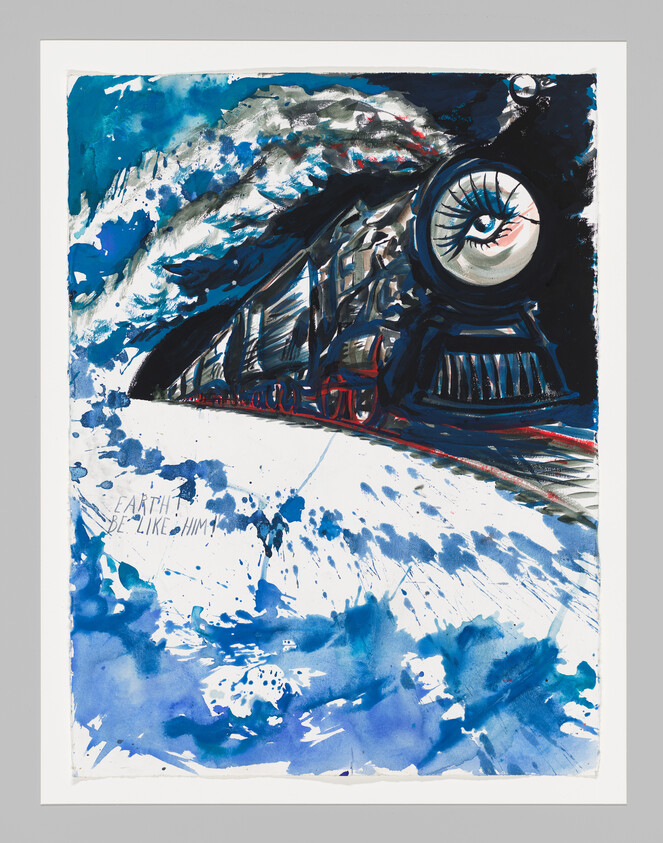 A black steam train with an eye-shaped headlight barrels through blue waves, text reads "EARTH BE LIKE HIM."