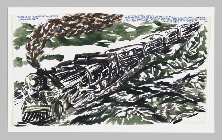A loose black-and-green ink drawing of a steam locomotive moving quickly through a wooded landscape.