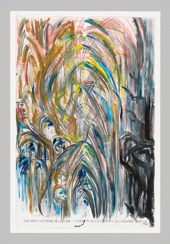 Abstract painting of colorful arched brushstrokes suggesting cathedral-like forms and movement.