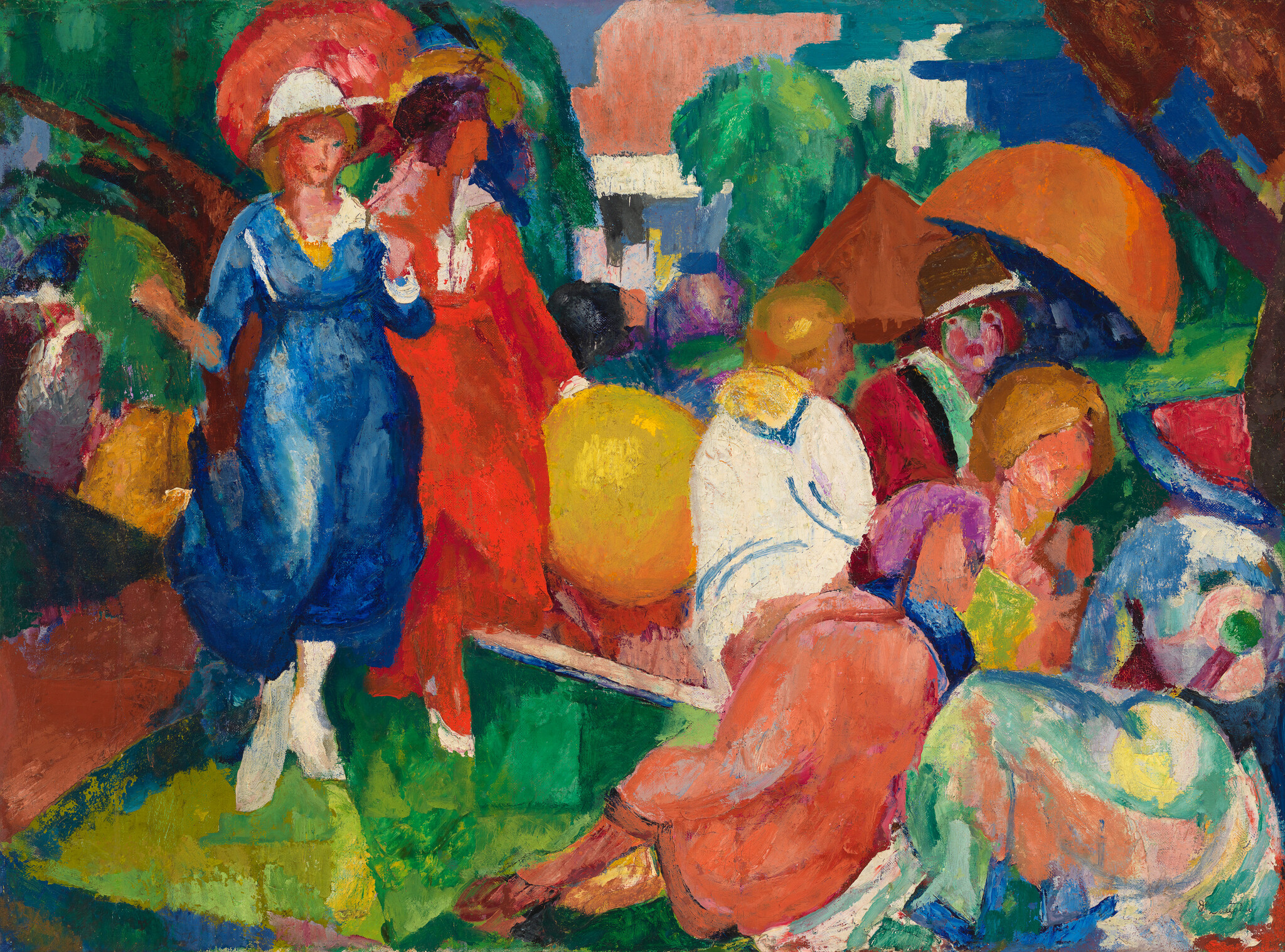 Women in bright dresses walk and others lounge under umbrellas in a colorful park scene.