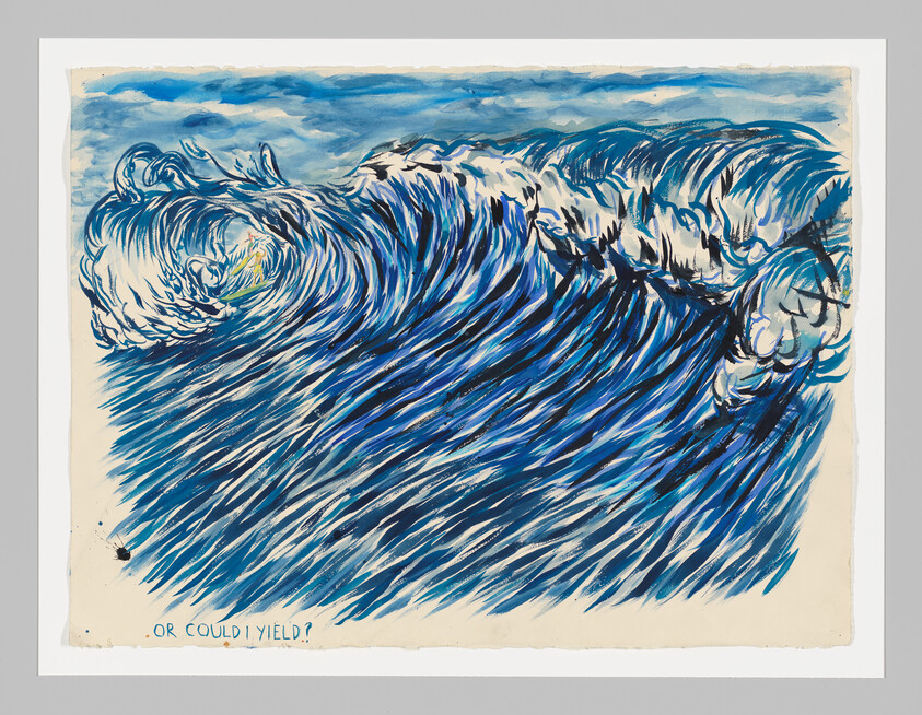A large swirling blue ocean wave painted with energetic brushstrokes and the words "Or could I yield?".