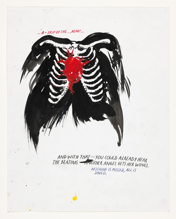 A bright red heart sits within black skeletal wings and ribs against a white background.