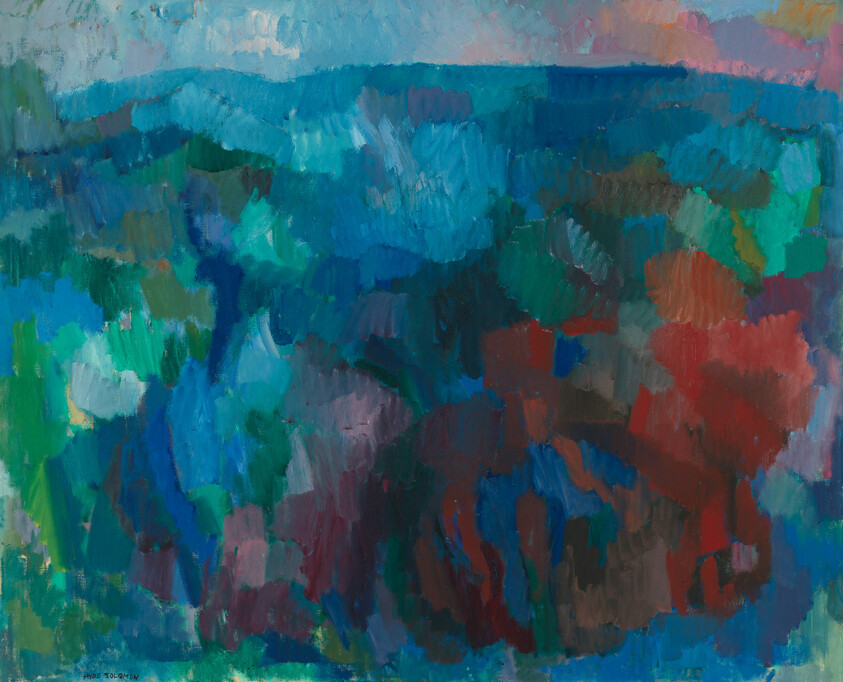 Abstract landscape with broad blue, green, and red brushstrokes suggesting hills and distant sky.