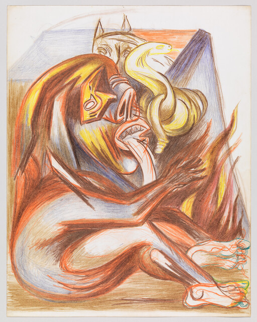 A distorted humanoid creature with long tongue clutching a coiled snake while flames surround it.