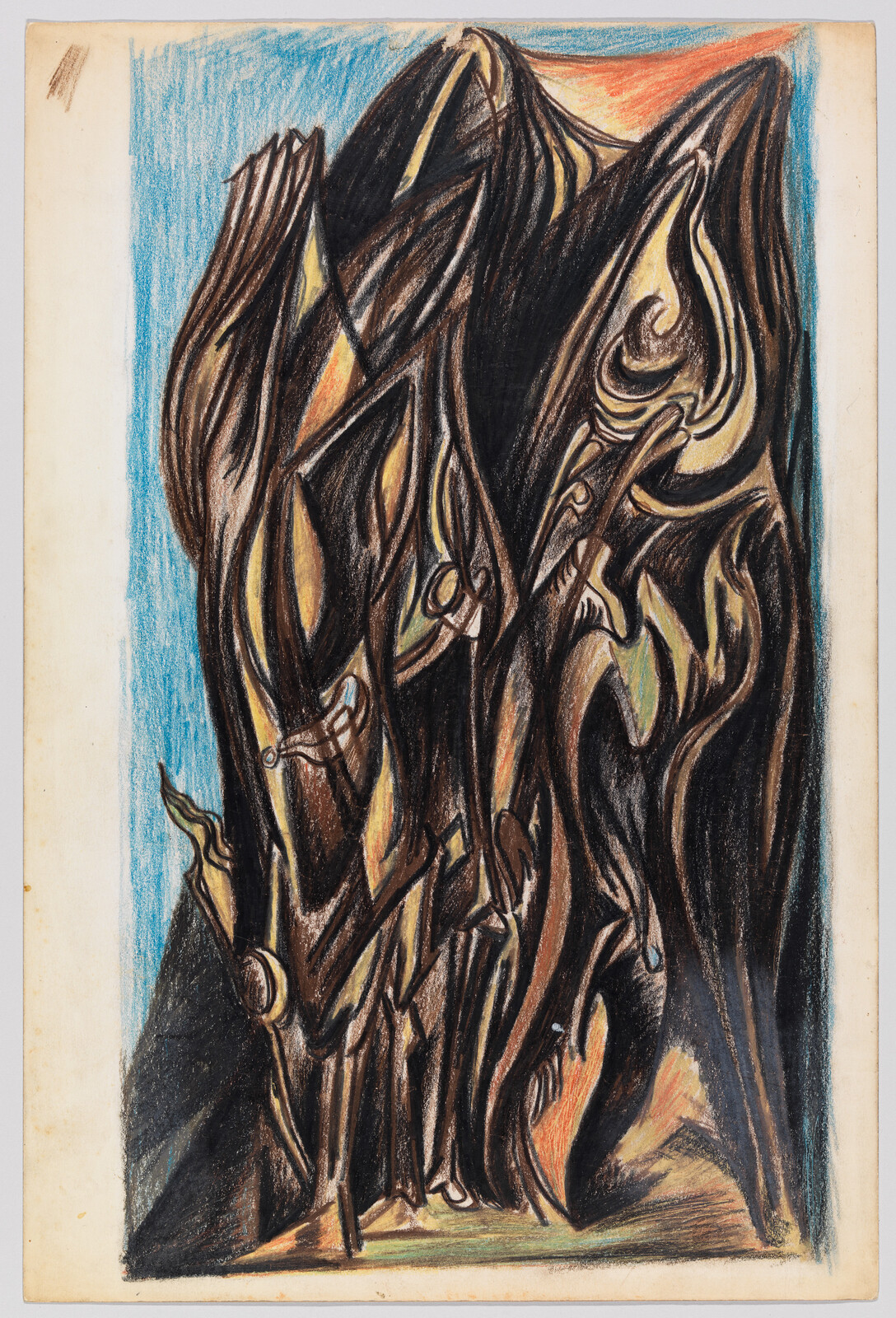 Abstract layered brown and black forms resembling twisted wood or mountains against a blue background.