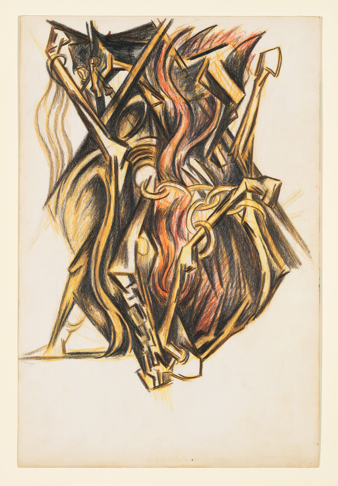 Abstract drawing of twisted mechanical limbs entwined with flowing red-orange flame-like hair.