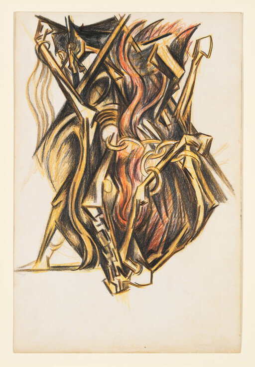 Abstract drawing of twisted mechanical limbs entwined with flowing red-orange flame-like hair.