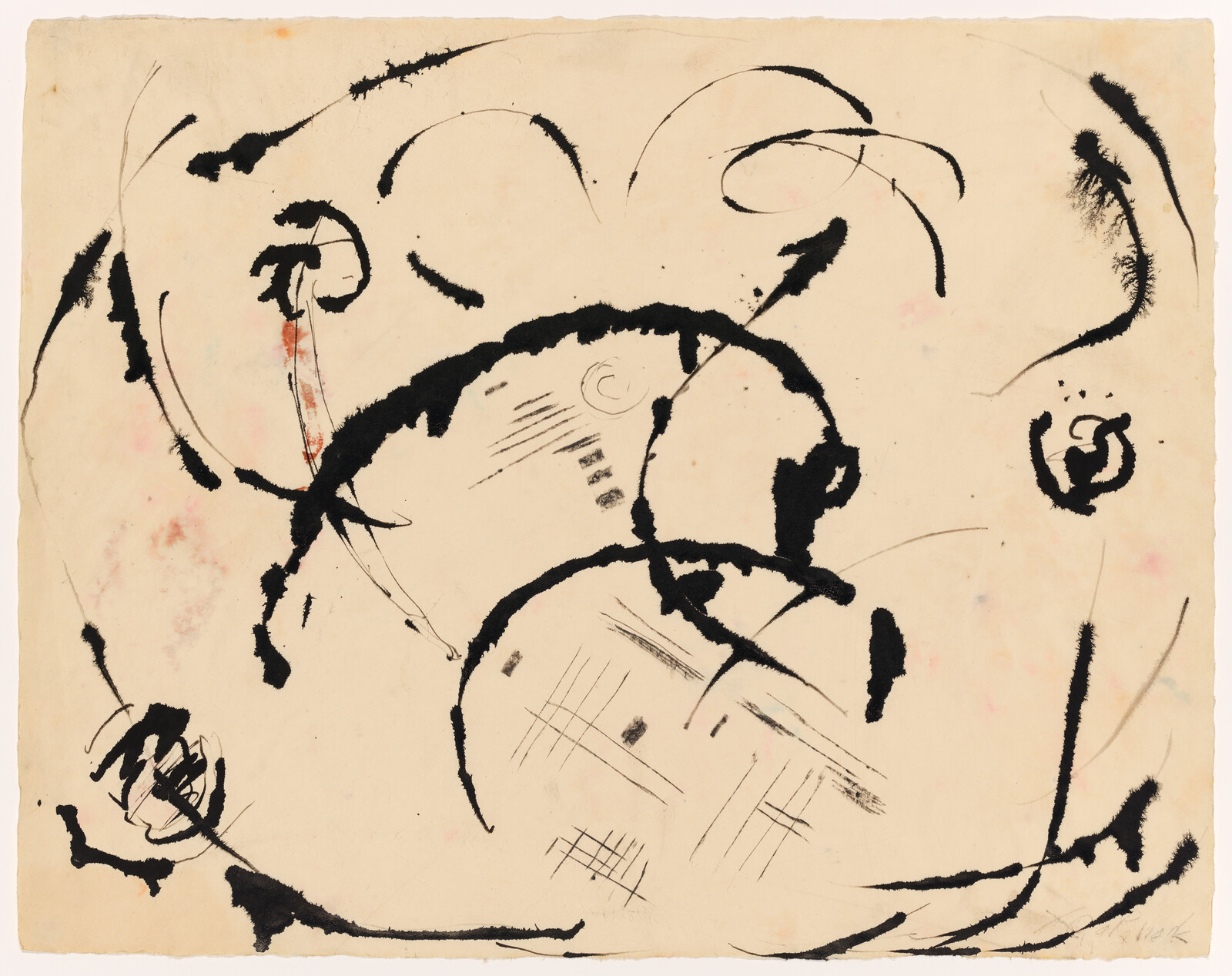 Abstract ink drawing of bold black sweeping strokes and circular marks on aged cream paper.