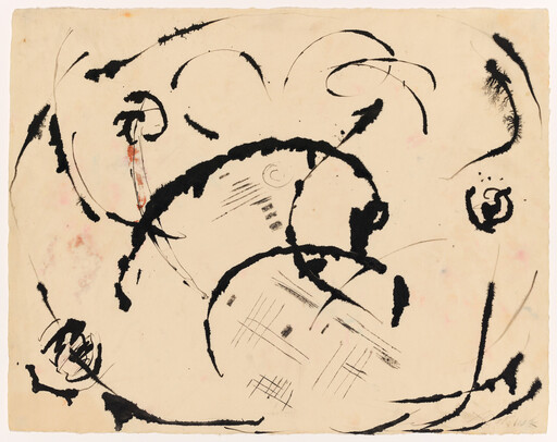 Abstract ink drawing of bold black sweeping strokes and circular marks on aged cream paper.