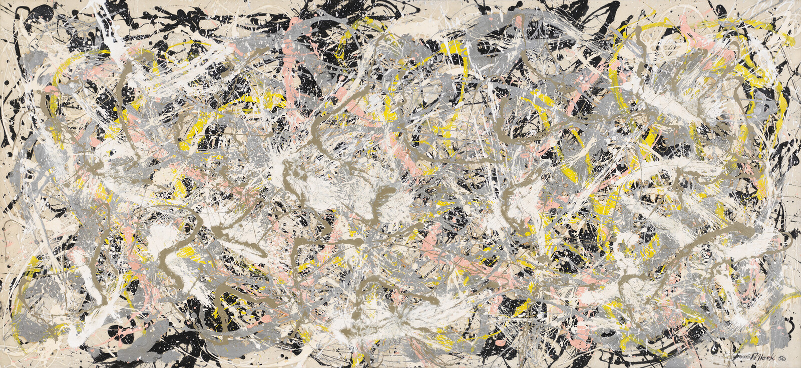 A dense frenzy of paint splatters in black, gray, white, and muted pink and yellow.