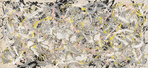 Large abstract painting with energetic drips and splatters of white, gray, yellow, black, and pink paint.