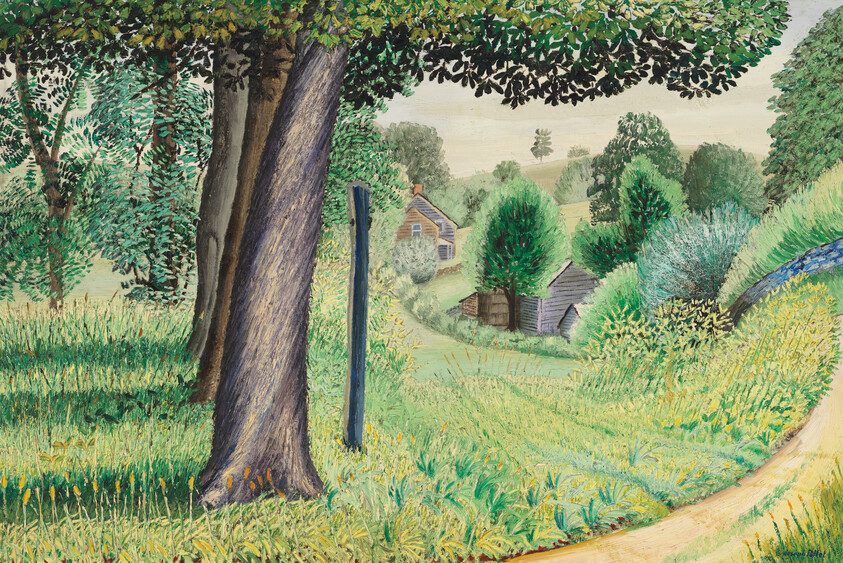 A large tree stands beside a winding path leading to cottages in a green, sunlit meadow.