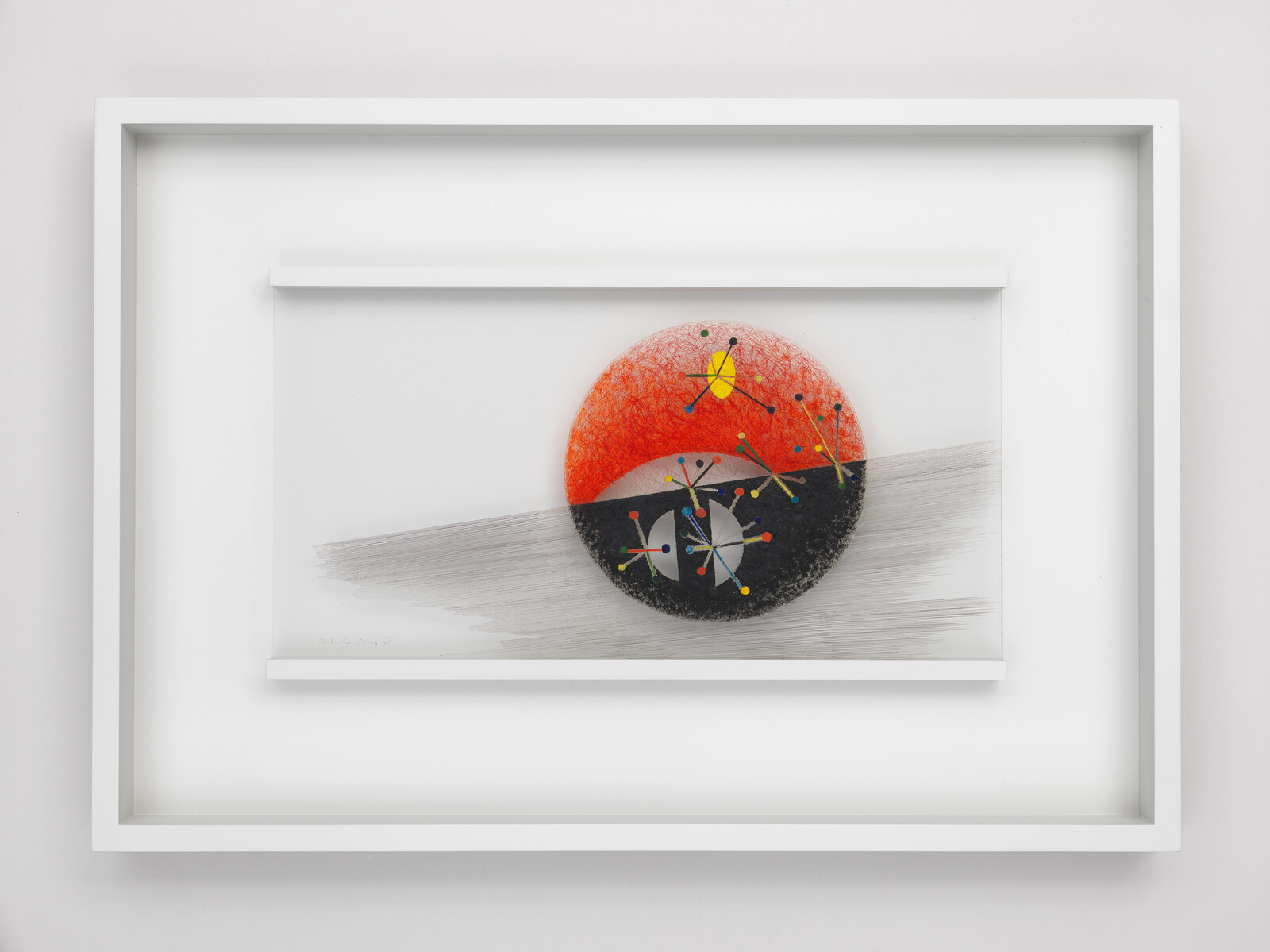 Framed abstract artwork shows a red and black circular form with colorful dot connectors over a gray diagonal brushstroke.