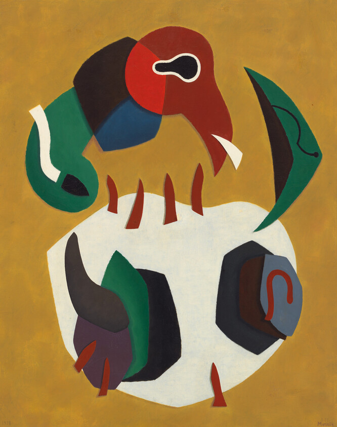 Abstract colorful curved shapes hover above and around a white rounded central form.