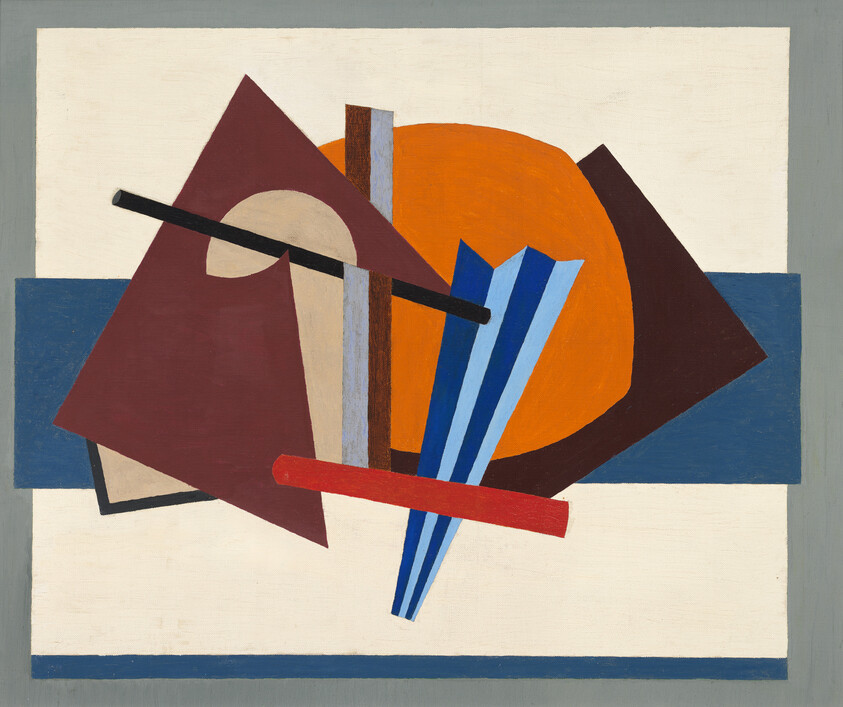 Abstract arrangement of overlapping geometric shapes including an orange circle, brown triangles, blue stripes, and a red bar.