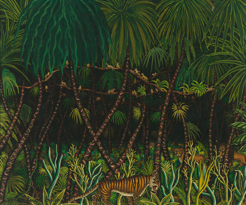 A tiger moves through dense tropical undergrowth while small monkeys cling to overhead branches.