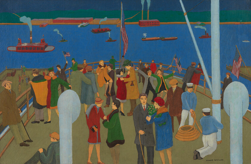 People and sailors mingle on a ship's deck with harbor steamers and flags in the background.