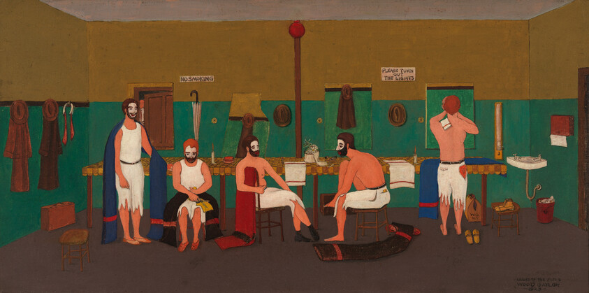 Five men in a communal changing room preparing, dressing, and grooming next to sinks and hooks.