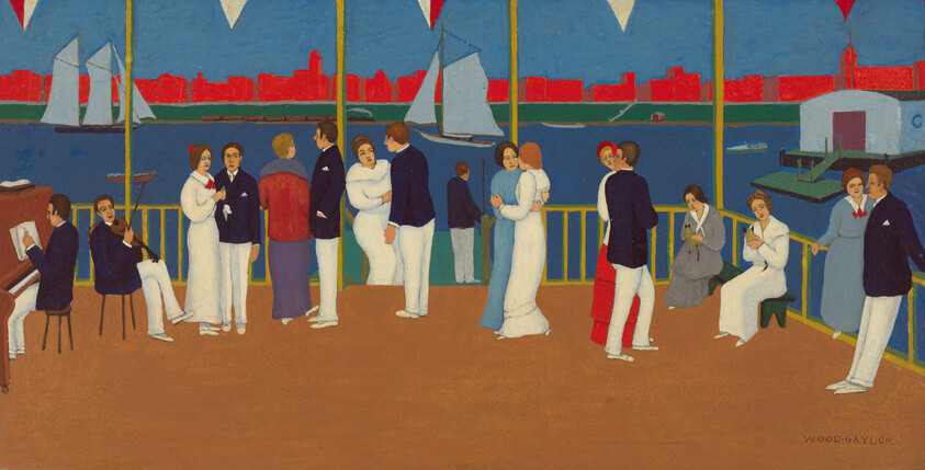 A group of well-dressed people dance and socialize on a waterfront terrace with sailboats beyond.