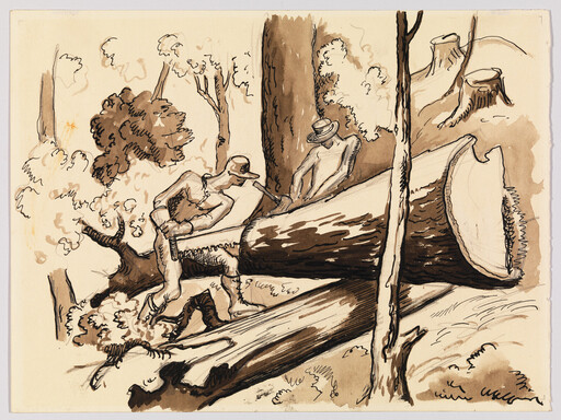 Two men wearing hats saw through a large fallen tree in a forest.