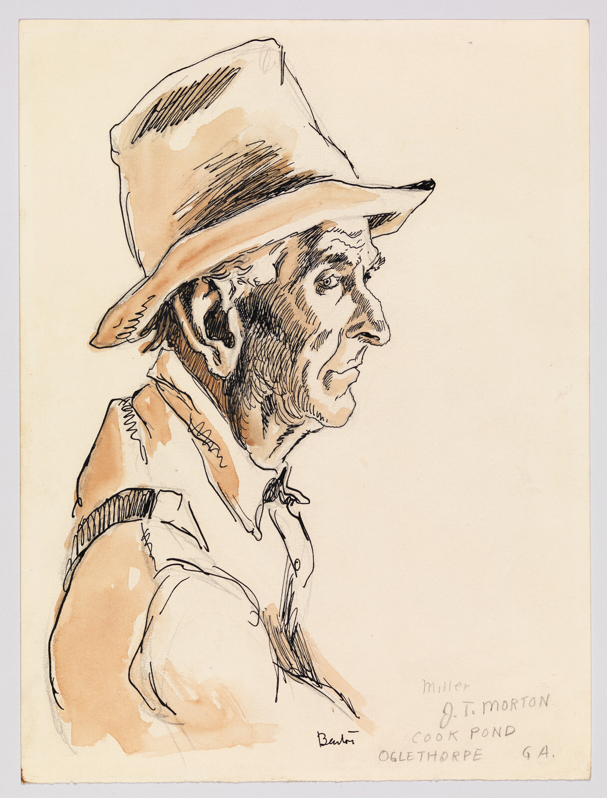 Elderly man in profile wearing a wide-brim hat with thoughtful expression.