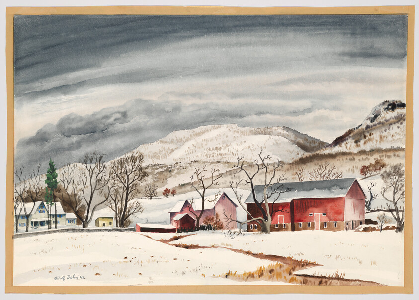 Red barns and farmhouse sit in a snowy field beneath bare trees and misty mountains.