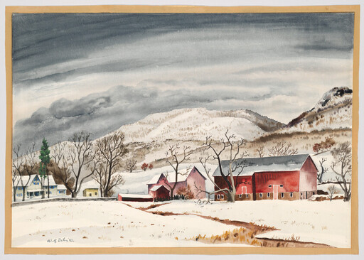 Red barns and farmhouse sit in a snowy field beneath bare trees and misty mountains.