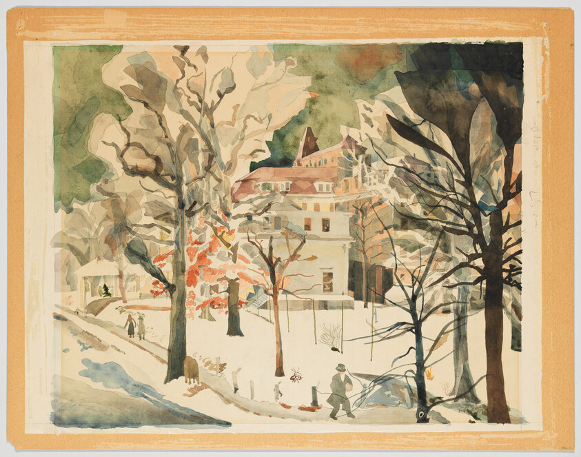 Large house behind bare winter trees with a person walking through snow in the foreground.